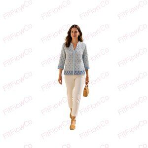 Alfred Dunner Blue Embroidered Button Front Top 16P 100% Cotton Blouse Preowned